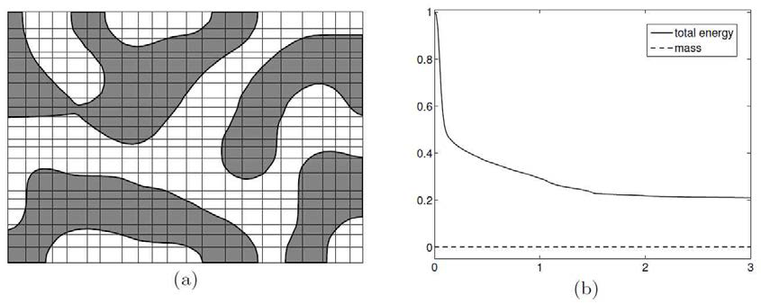 (a) 직사각형 영역 Ω     ×   에서 초기 조건이      rand이었을 때,   △일 때의 수치 해 . (b) 시간에 흐름에 따른 정규화된 total energy(직선)과 total mass(점선).
