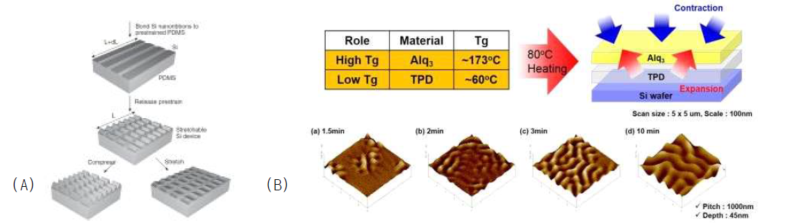 (A)일반적인 buckling 구조의 형성방법 (B)유기막의 열팽창도 차이를 이용한 buckling 구조 형성의 메커니즘과 열처리시간에 따른 패턴 scale의 변화.