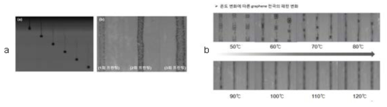 a. Graphene 잉크의 jetting 모션, b. 온도변화에 따른 graphene 전극의 패턴 변화