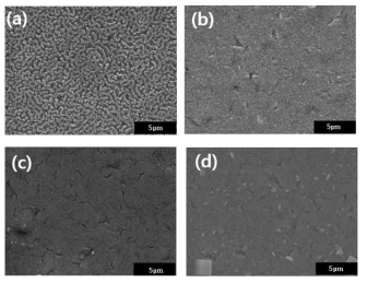 (a) 열처리 전의 CIS/Mo의 표면 사진, (b), (c), (d) 열처리 후의 CIS/Mo, CIS/Au/Mo, Au/CIS/Mo의 표면 사진