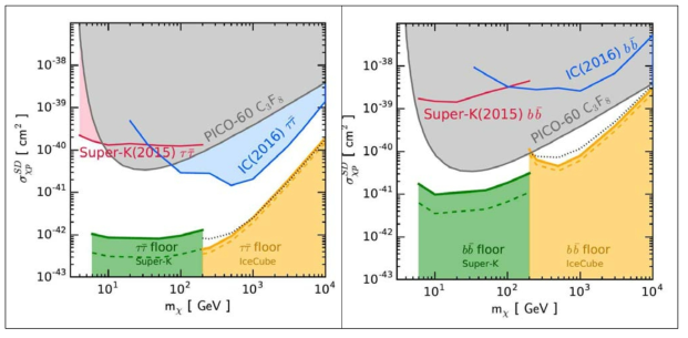 The indirect detection neutrino sensitivity floor for spin-dependent dark matter cross section for Super-K and IceCube are shown.