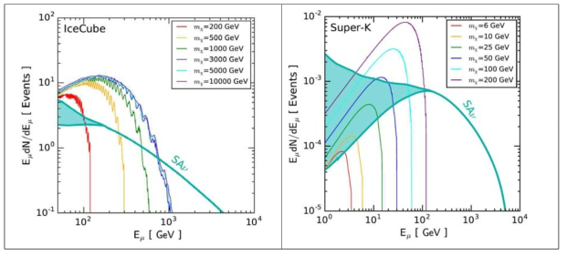 The expected total muon spectrum originating from solar atmospheric neutrinos in IceCube with oneyear of live time, compared with several dark matter spectra in the tautau channel, obtained with WimpSim dark matter simulation package.