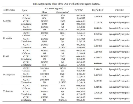 Curcumin과 3세대 항생제인 cephalosporin의 combination 처리 하에 의한 synergy 효과