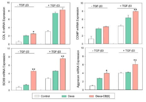 TGF-β3, Dexa와 Dexa-CB[6] 유도체를 통한 CB[6]-DAH HA 하이드로젤에 담지된 중간엽 줄 기세포의 연골 분화유도 RT-qPCR 분석.