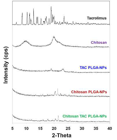 TAC, chitosan, TAC PLGA-NPs, blank chitosan PLGA-NPs, chitosan TAC PLGA-NPs의 X선회절