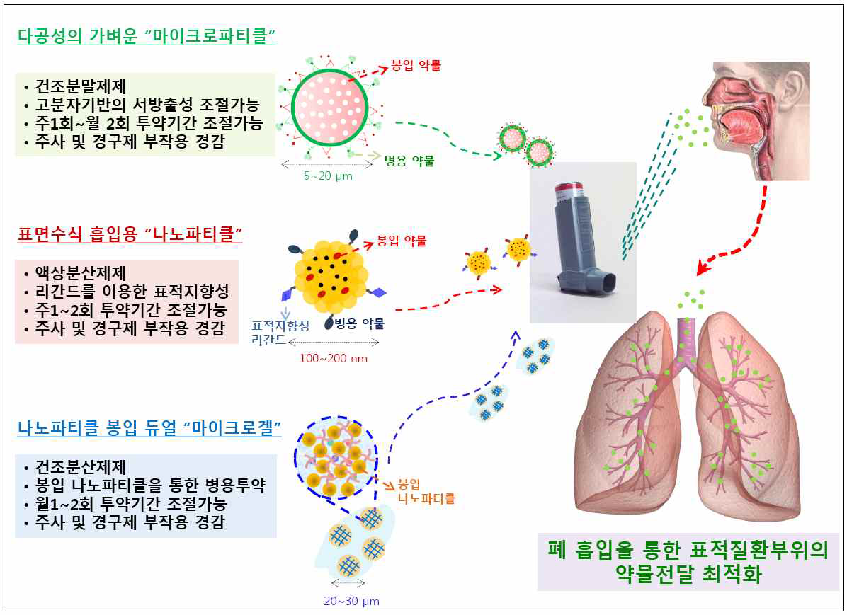 다공성 마이크로파티클 및 흡입용 나노파티클의 설계 및 이를 이용한 폐질환치료의 개요