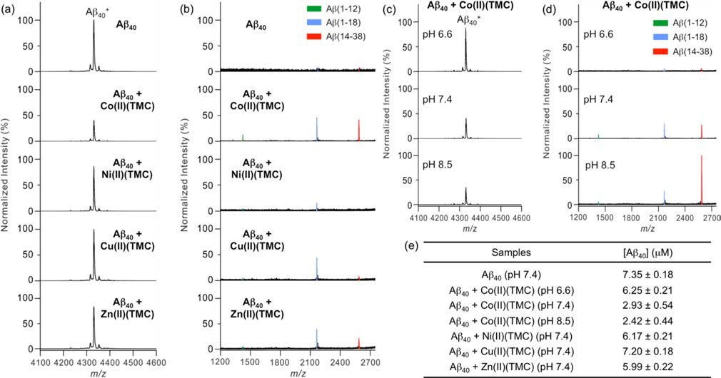 MALDI-MS analysis of the Aβ samples incubated with M(II)(TMC) (M = Co, Ni, Cu, and Zn).