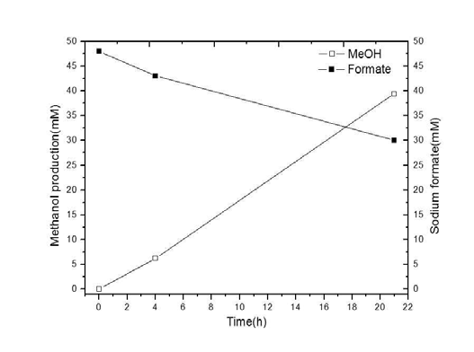 반응 시간별 메탄올 생산량 및 개미산 소비량 그래프