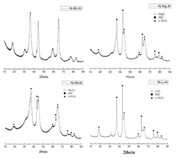 NiO-MOx-γ-alumina 촉매(M=Mn, Mg, Li, Nb)의 X선 회절분석 결과