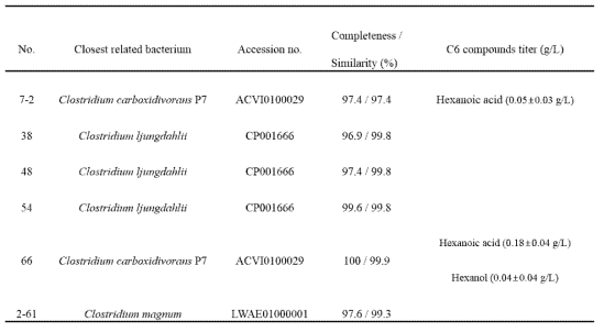 분리 균주의 16s rRNA sequence 및 가스로부터 생산되는 C6 화합물 확인