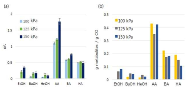 혼합 가스 총 압력에 따른 대사산물 농도(a) 및 수율(b) 비교