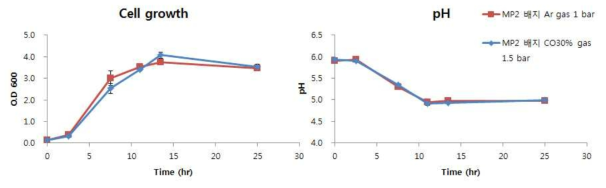 MP2 배지에서 headspace의 가스 조성차이에 따른 cell growth, pH 비교