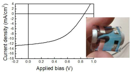 실크 단백질 기판에 제작된 유기태양전지의 전압-전류 특성 곡선 및 사진