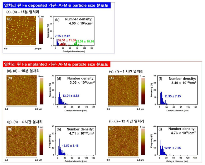 (a), (b) 15 분 열처리 해준 Fe deposited 기판의 AFM 표면 분석, 표면 위 Fe particle의 지름 분포도; (c)-(j) 15 분, 1 시간, 4 시간, 12 시간 열처리 해준 Fe implanted 기판의 AFM 표면 분석, 표면 위 Fe particle의 지름 분포도