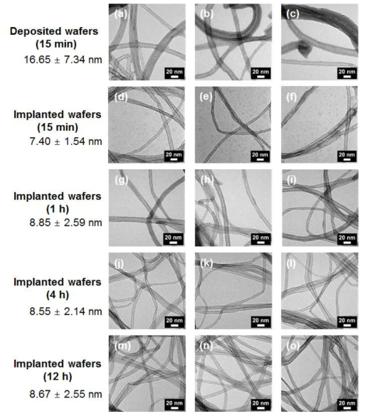 (a)-(c) 15분 열처리 된 Fe deposited 기판에서 합성한 CNT의 TEM 사진; (d)-(o) 15 분, 1 시 간, 4 시간, 12 시간 열처리 된 Fe implanted 기판에서 합성한 CNT의 TEM 사진