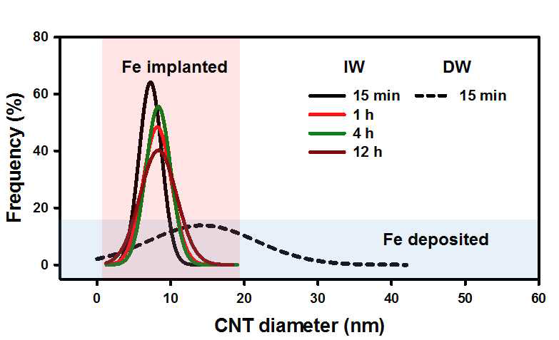 15 분 열처리 된 Fe deposited 기판 (DW, 실선), 15 분, 1 시간, 4 시간, 12 시간 열처리 된 Fe implanted 기판 (IW, 점선)에서 합성한 CNT의 지름 분포도