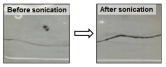 Cross-linker 용액에서 sonication 전, 후의 CNT fiber