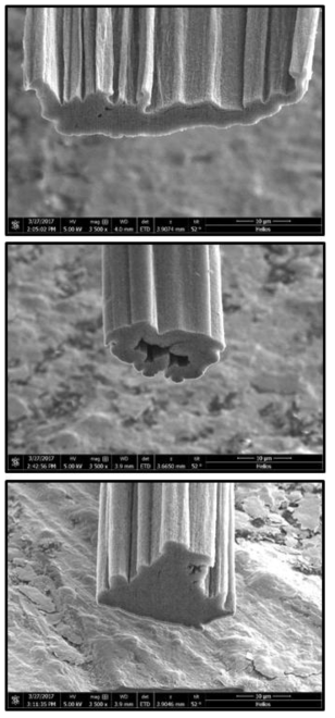 CNT fiber 단면 a) pristine CNT fiber, b) 3 hour infiltration 후 drying stress 없이 말린 CNT fiber, c) 3 hour infiltration 후 drying stress를 가해주면서 말린 CNT fiber