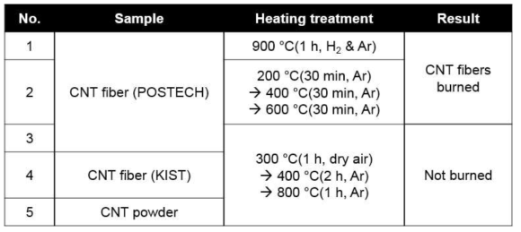 CNT 샘플들이 타지 않는 조건을 찾기 위한 실험들의 실험 조건