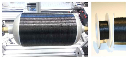 Nanocomp Technology에서 생산한 Miralon yarn(오른쪽)과 수 백 미터의 Miralon을 이용해 알루미늄 pressure vessel을 감싼 모습(왼쪽) NASA SBIR/STTR Success(2016), sbir.nasa.gov