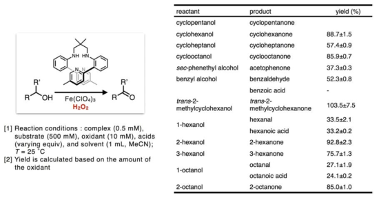 N4-Py 리간드와 Fe(III)에 기반한 금속촉매 시스템에 과산화수소를 산소 대체 산화제로 이용하여 알코올의 C-H 결합을 산화시키는 반응에 조촉매로 작용하는 브뢴스테드 산이 미치는 영향
