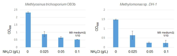 Methylosinus trichosporium OB3b, Methylomonas sp. DH-1의 NH4Cl 독성 확인