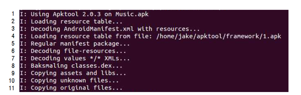 apktool을 사용하여 예시 apk을 디컴파일하는 과정