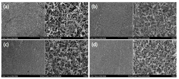 침전제 농도에 따른 알루미나 코팅층 표면의 SEM 이미지. (a) 2.5 wt%, b) 5 wt%, c) 7.5 wt%, d) 10 wt%)
