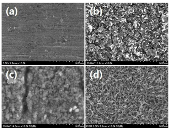 FeCr 합금 모노리스 표면 SEM 이미지 (a) fresh, b) 표면 전처리-소성(900oC), c) 워시코팅, d) 침전법 코팅)