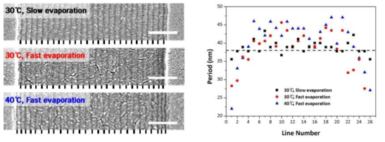용매 증발 속도에 따른 PS(46)-b-PMMA(21)의 크기 구배 나노구조:(좌) FE-SEM 이미지; (우) 반복주기의 변화. (스케일 바=200 nm)