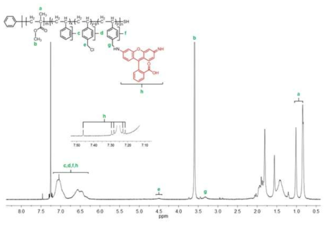 PMMA-b-P(S-r-4VBC-r-Rho) 형광 블록공중합체의 NMR 스펙트럼.