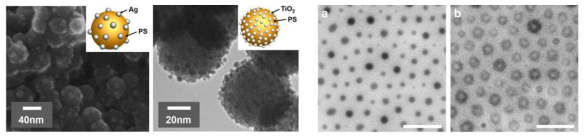 (좌) Ag 나노입자가 장식된 PDA-b-PS 마이셀의 FE-SEM 이미지; (중앙) TiO2 나노입자가 장식된 PDA-b-PS 마이셀의 TEM 이미지; (우) (a) PS-b-P4VP 마이셀 및 (b) 이온성 액체가 도입된 소포 형태 PS-b-P4VP. (스케일 바=200 nm)