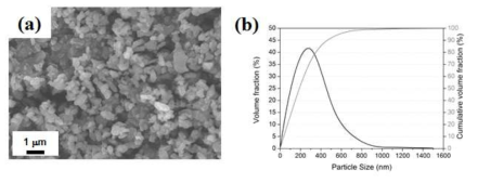 (a) FE-SEM micrograph of the powder morphology and (b) particle size distribution of 300 nm Al2O3.