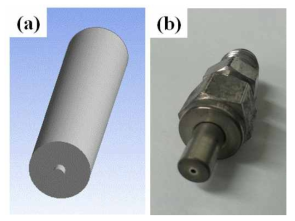 (a) Fluent simulation modeling design of the nozzle with an orifice of diameter 1.0 mm, and (b) the nozzle used in actual experiment