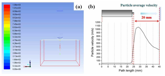 (a) 0.3 μm Al2O3 particle behavior in the vacuum flow field and (b) the velocity change along the z-axis at 14 L/min, and the section for measuring particle average velocity.