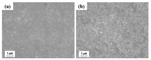 FE-SEM images of Al2O3 coating morphology fabricated using (a) slit and (b) round nozzle