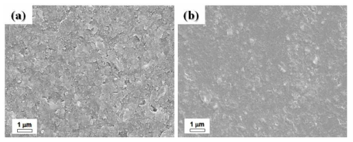 FE-SEM micrographs of TiN coating surface morphology using (a) slit and (b) round nozzle