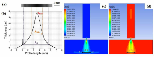 (a) A optical micrograph of the pattern, (b) its surface profiler data, and CFD results of (c) gas velocity and (d) z-axis velocity in the flow field