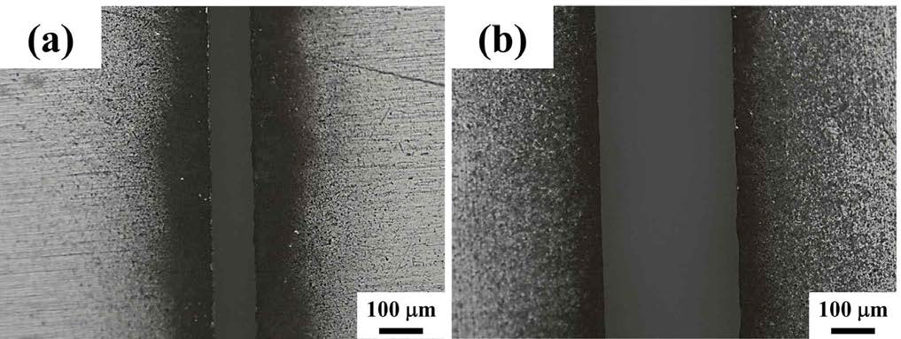 Optical microscopy images of laser mask with pattern width of (a) 100 mm, (b) 300 mm