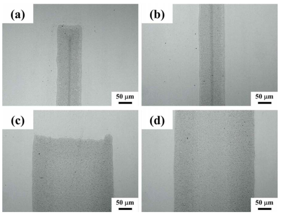 Optical microscopy images of fine pattern using laser mask with pattern width of (a, b) 100 mm and (c, d) 300 mm