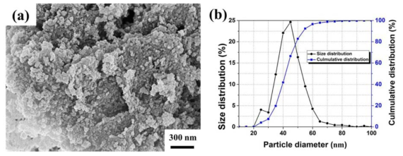 (a) FE-SEM image and (b) Particle size distribution of Small Al2O3 powder