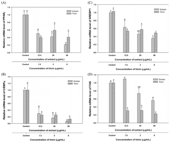 Effect of oat hull extract and commercial tricin on expression of PPAR-γ (A), C/EBP-α, (B) SREBP-1 (C), and FAS (D) genes in 3T3-L1 cells.