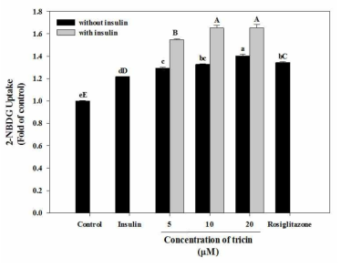 Effect of tricin on glucose uptake in C2C12 myotubes. (Rosiglitazone, 20 μM)