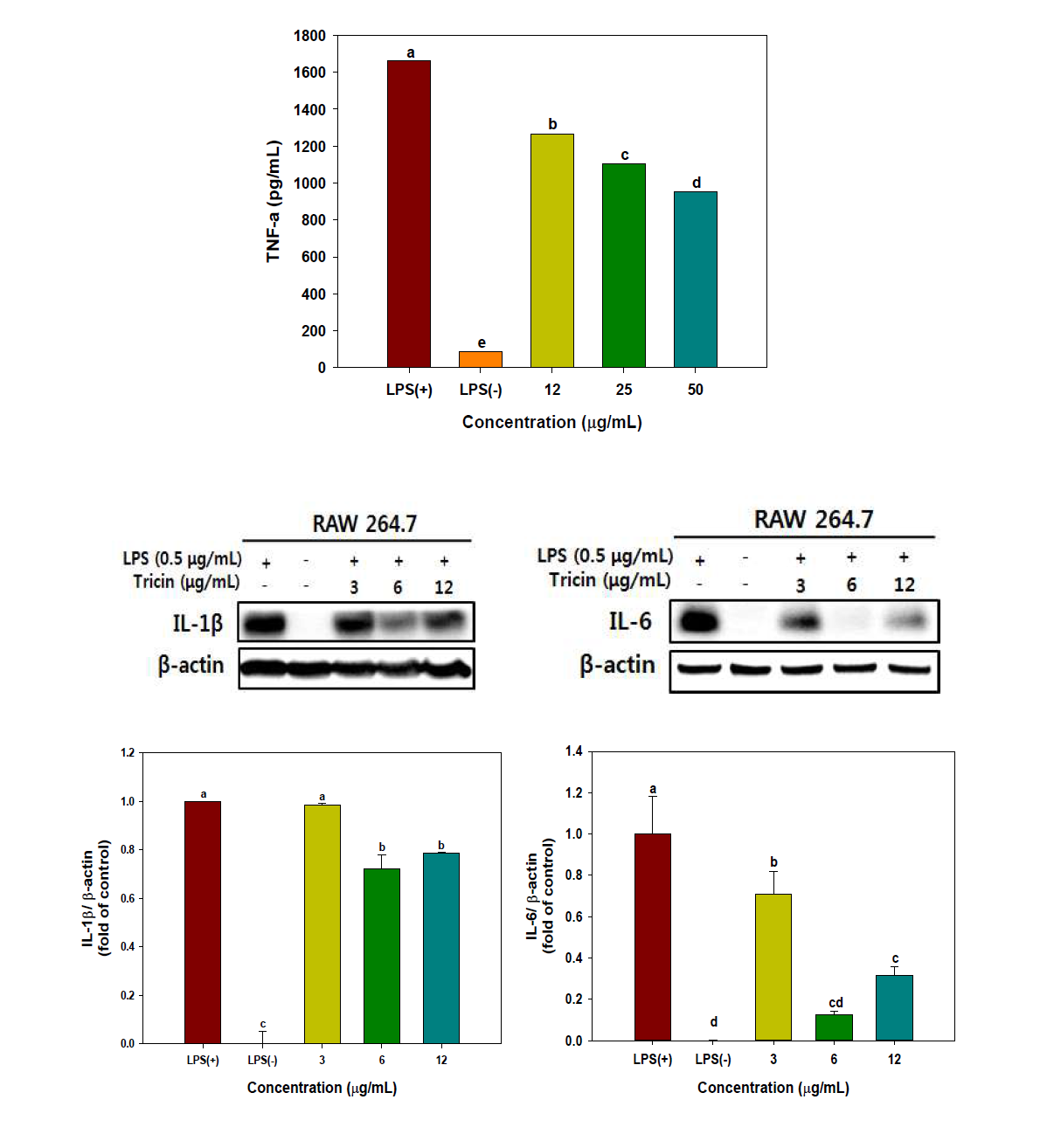 Effect of tricin on the expression of TNF-α, IL-1β, and IL-6 in LPS-stimulated RAW 264.7 cells.