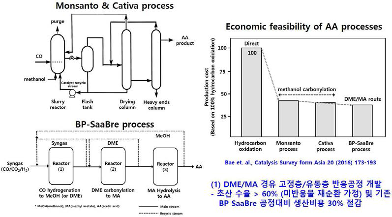 상용화 액상 DME 카르보닐화 반응 및 BP-SaaBre 기상 공정의 개략도와 경제성 평가