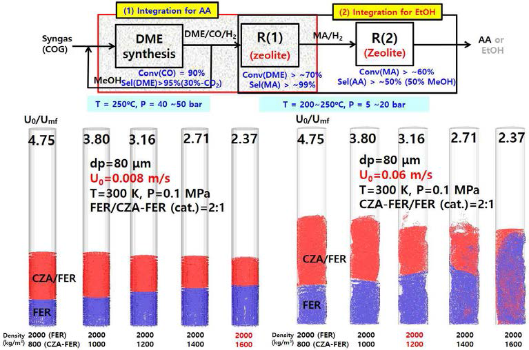 유동층 반응기의 two-phase segregation 전산모사 결과 (합성가스-->DME-->MA 합성 반응)