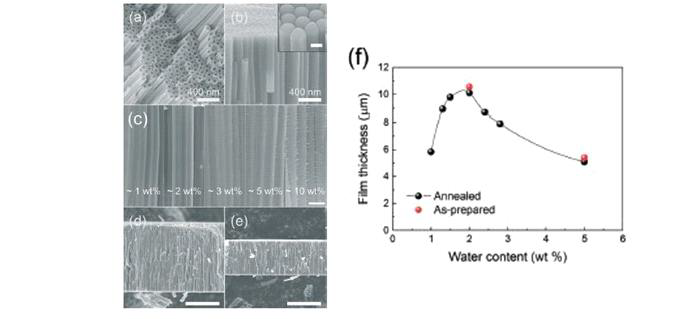 (a and b) SEM image of the as-grown TiO2 NTAs (~2wt% H2O) showing top (a) and side views (b). The inset of (b) show the high magnification bottom view of the NTAs (scale bar: 100nm). (c) Side view SEM images of the NTAs grown with various water contents (scale bar: 200nm). (d and e) Cross-sectional SEM images of the 2wt H2O TiO2 NTAs (d) and 5wt% H2O TiO2 NTAs (e). Anodizing time is 2 h (scale bar: 5um). (f) Legth of the nanotubes as a function of water content, after 2 h of reaction. Annealing induced slight shrinkage (~500nm) of the film thickness of the NTAs.