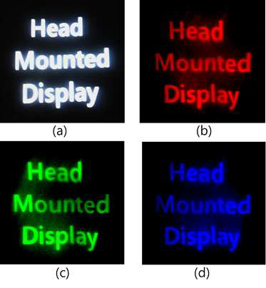 단색 HMD용 도파관 HOE 성능 테스트 결과 (a)입력 영상 (b)red (c)green (d)blue에 대한 출력 영상