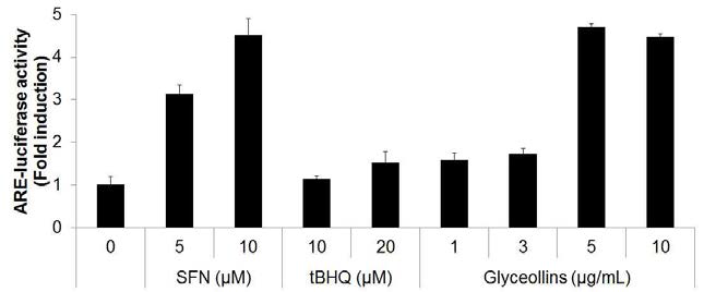 Transcriptional activation of antioxidant response element (ARE)-containing protein genes by glyceollins.