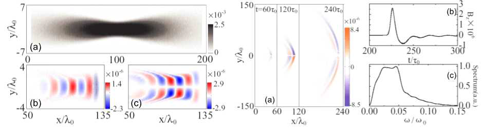 플라즈마 스트립에서의 광대역 테라헤르츠파 발생. 좌측은 플라즈마 스트립의 형태를 나타내며, 우측의 그림은 각각 (a)THz field의 공간적인 분포, (b)시간축에 따른 signal, 그리고 (c)power spectrum을 나타낸다.